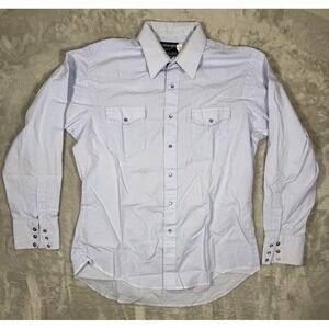 Wrangler Western Shirt Men L 16‎ 1/2-35 Cowboy Cut X-Long Tails Pearl Snaps Blue